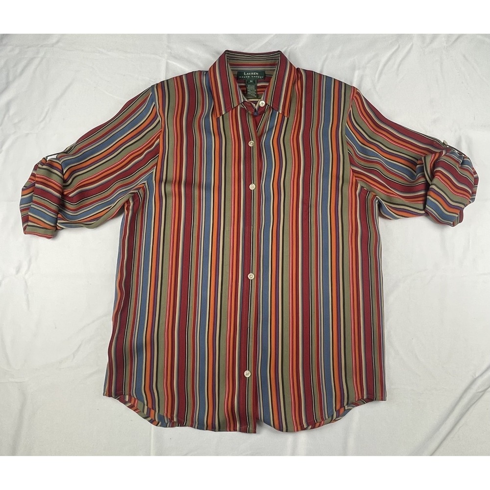 LAUREN RALPH LAUREN MULTICOLOR STRIPED BUTTON DOWN SHIRT WOMENS SILK MEDIUM VINT